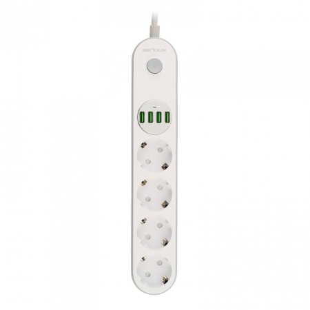 Prelungitor cu protectie Serioux, 4 prize schuko, input 100-240V, 50- 60Hz, output (Total): 2500W - 10A, 4 porturi USB, 4 portur