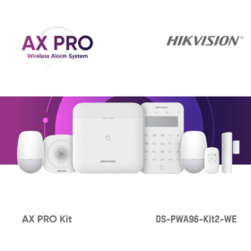 Kit de alarma wireless AX PRO Middle Level DS-PWA96-Kit2-WE contine: 1 x DS-PWA96-M-WE (96 zones wireless control panel), 2 x DS